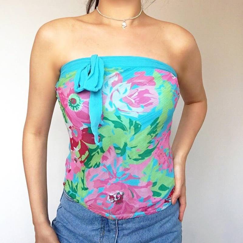 90Er Jahre Y2K 00S Vintage Blaue Seide Florales Röhrchen Top von LITTLEDREAMERUK