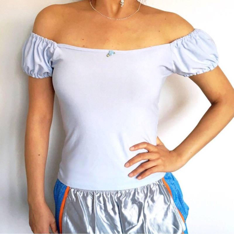 Vintage Kleine Rose Hellblau Niedlich Bardot Off Shoulder Top von LITTLEDREAMERUK