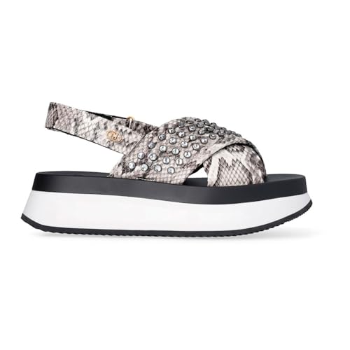 LUI.JO Plateau-Sandalen mit Schlangen-Design, gekreuzte Riemen mit Nieten, zweifarbige Sohle in Weiß und Schwarz, silber, 40 EU LUI.JO Plateau-Sandalen mit Schlangen-Design, gekreuzte Riemen mit Nieten, zweifarbige Sohle in Weiß und Schwarz, silber, 40 EU von Liu Jo