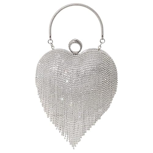LIUCHUCHU Strass Handtasche Strass Tasche Herz Muster Handtasche Frauen Diamant Quaste Bankett Kupplung Und Geldbörse Hochzeit Braut Prom Brieftaschen(Silver) von LIUCHUCHU