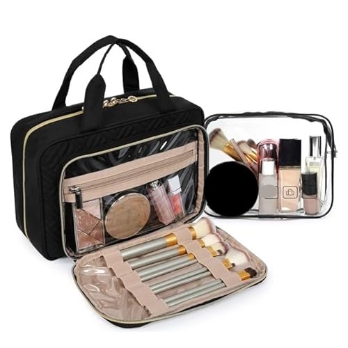 Makeup Bag Kosmetiktasche for Damen, Make-up-Tasche, Organizer-Tasche, Reisetasche, große, wasserdichte Kulturtaschen, Damen-Make-up-Tasche(Regular Style Black,M) von LIUCHUCHU
