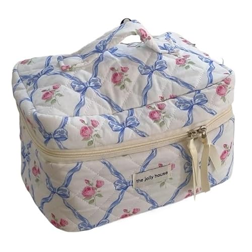 Makeup Bag Niedliche Schleife Blumen Quilten Baumwolle Make-Up Tasche Frauen Reißverschluss Kosmetische Veranstalter Tuch Handtasche Tragbare Fall for Mädchen(Blue-Cosmetic Bag) von LIUCHUCHU