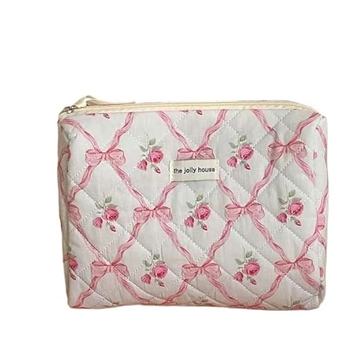 Makeup Bag Niedliche Schleife Blumen Quilten Baumwolle Make-Up Tasche Frauen Reißverschluss Kosmetische Veranstalter Tuch Handtasche Tragbare Fall for Mädchen(Pink-Clutch Bag) von LIUCHUCHU