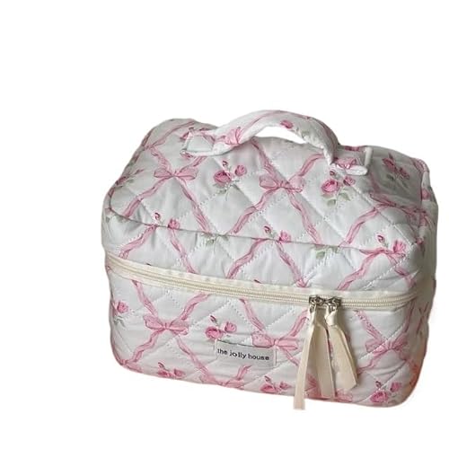 Makeup Bag Niedliche Schleife Blumen Quilten Baumwolle Make-Up Tasche Frauen Reißverschluss Kosmetische Veranstalter Tuch Handtasche Tragbare Fall for Mädchen(Pink-Cosmetic Bag) von LIUCHUCHU