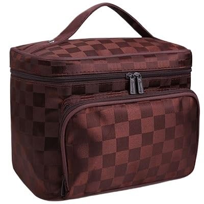 Waschtasche Lattice Big Kosmetiktasche for Damen, gestreift, wasserdicht, professionelles Kulturbeutel-Set, Wash Necessaire, Reise-Organizer, Make-up-Box(Lattice Brown) von LIUCHUCHU