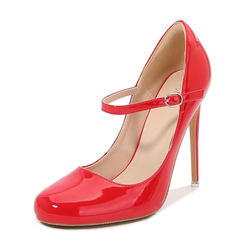 12 cm hohe Damen-High Heels | Elegante Pumps mit runder Zehenpartie und Knöchelriemen für Hochzeiten, Clubbing, Abendpartys und Zeremonien für Erwachsene,Rot,41 EU von LIUGUISUOCHBH
