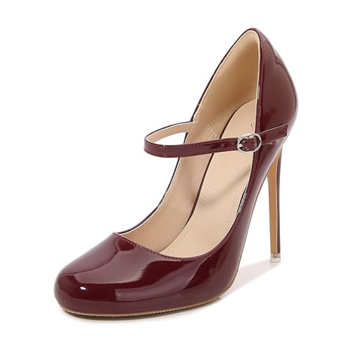 12 cm hohe Damen-High Heels | Elegante Pumps mit runder Zehenpartie und Knöchelriemen für Hochzeiten, Clubbing, Abendpartys und Zeremonien für Erwachsene,Wine red,43 EU von LIUGUISUOCHBH
