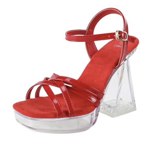 12 cm hohe High Heels für Damen | Blockabsatz, quadratische Zehenpartie und rutschfeste Plateausandalen für Strandhochzeiten, Brautbälle und Clubs,Rot,34 EU von LIUGUISUOCHBH