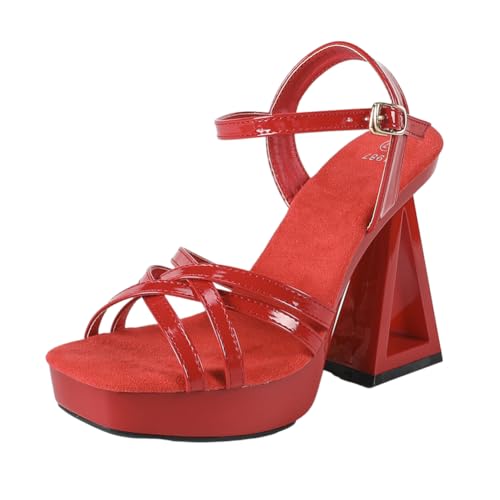 12 cm hohe High Heels für Damen | Blockabsatz, quadratische Zehenpartie und rutschfeste Plateausandalen für Strandhochzeiten, Brautbälle und Clubs,Rot,38 EU von LIUGUISUOCHBH