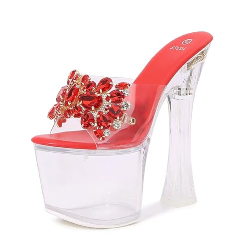 18 cm hohe High Heels für Damen | Offene Sandalen mit klobigem Absatz für Hochzeiten/Abschlussfeiern/Nachtclubs | Pole-Dance-Schuhe,Rot,34 EU von LIUGUISUOCHBH