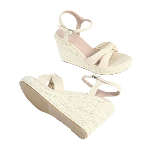 Damen-Plateausandalen mit offener Zehenpartie und Keilabsatz | 4 Zoll High Heels für Strandhochzeiten, Abschlussbälle und Spaziergänge auf Reisen | Größe 35–42,Beige,40 EU von LIUGUISUOCHBH