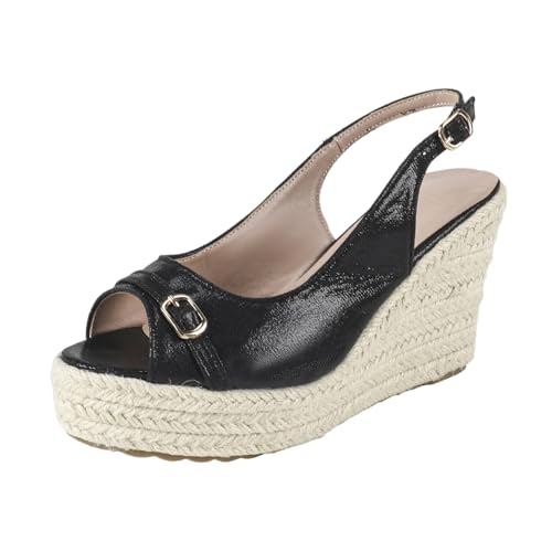 Damen-Plateausandalen mit offener Zehenpartie und Keilabsatz | 4 Zoll High Heels für Strandhochzeiten, Abschlussbälle und Spaziergänge auf Reisen | Größe 35–42,Schwarz,38 EU von LIUGUISUOCHBH