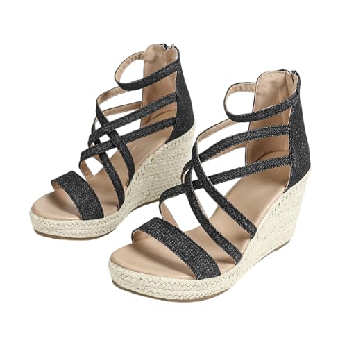 Damen-Plateausandalen mit offener Zehenpartie und Keilabsatz | 4 Zoll High Heels für Strandhochzeiten, Abschlussbälle und Spaziergänge auf Reisen | Größe 35–42,Schwarz,39 EU von LIUGUISUOCHBH