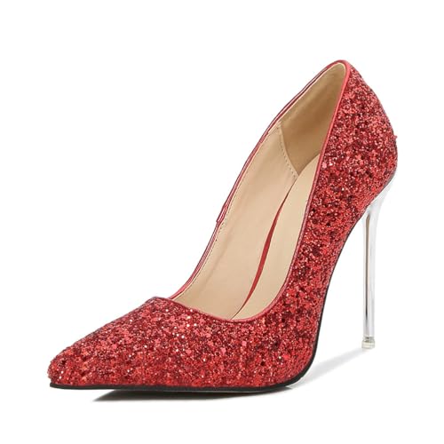 Glitzernde Pumps mit spitzer Spitze für Damen in Übergröße | 11 cm hohe Absätze für Hochzeiten, Brautjungfern, Tanzveranstaltungen und formelle Anlässe,Rot,38 EU von LIUGUISUOCHBH