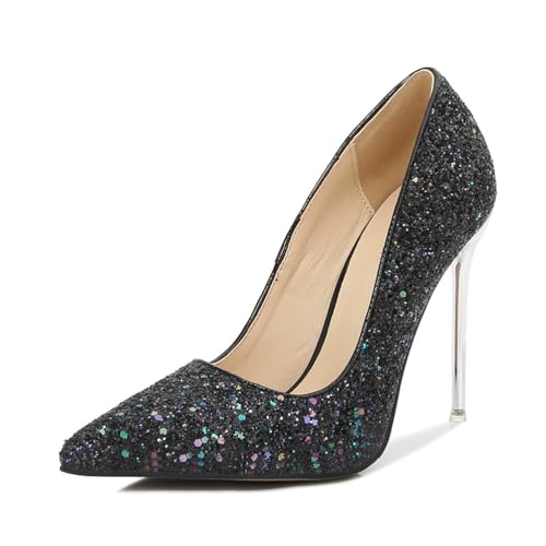 Glitzernde Pumps mit spitzer Spitze für Damen in Übergröße | 11 cm hohe Absätze für Hochzeiten, Brautjungfern, Tanzveranstaltungen und formelle Anlässe,Schwarz,40 EU von LIUGUISUOCHBH