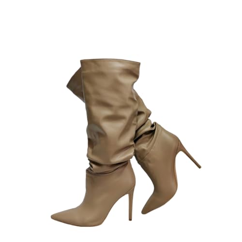Kniehohe Stiefel mit weitem Schaft für Damen. Stiefel mit Stilettoabsatz und spitzer Spitze in Übergröße. Lässige Stiefel mit hohem Absatz zum Reinschlüpfen. Hohe Winterstiefel,Apricot,37 EU von LIUGUISUOCHBH