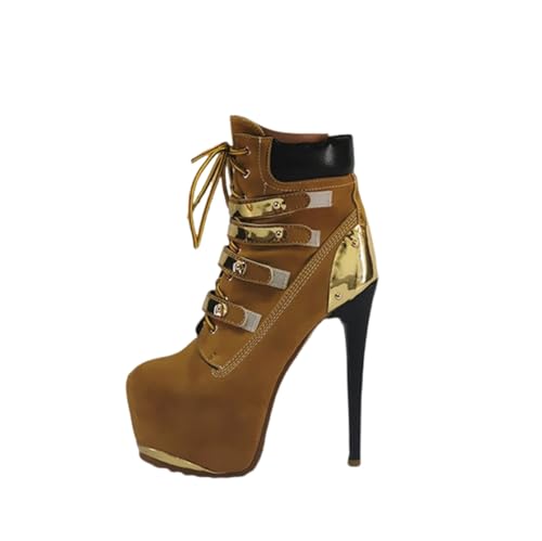 LIUGUISUOCHBH Damen-Stiefeletten mit 18 cm hohem Absatz und Plateausohle. Runde Zehenpartie mit Stilettos und Schnürung. Große Stiefeletten für Hochzeitsfeiern,Braun,39 EU von LIUGUISUOCHBH