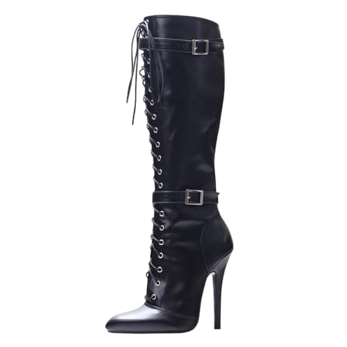 LIUGUISUOCHBH Kniehohe Schnürstiefel mit breiter Wade und spitzer Zehenpartie für Damen und Herren | für Pole Dance, Cosplay, Crossdressing | 14 cm Stilettoabsatz,Schwarz,45 EU von LIUGUISUOCHBH