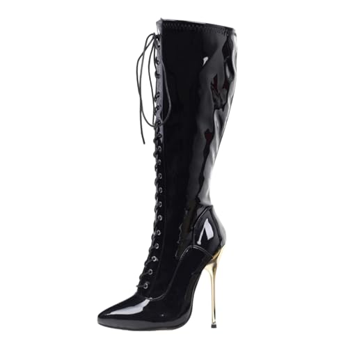 LIUGUISUOCHBH Kniehohe Schnürstiefel mit breiter Wade und spitzer Zehenpartie für Damen und Herren | für Pole Dance, Cosplay, Crossdressing | 14 cm Stilettoabsatz,Schwarz,46 EU von LIUGUISUOCHBH