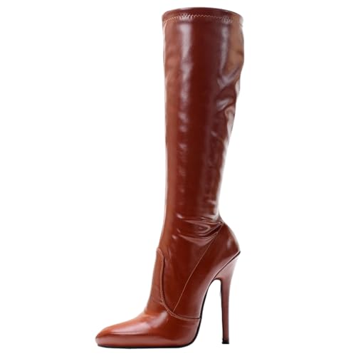 LIUGUISUOCHBH Kniehohe Stiefel aus elastischem Lackleder mit breiter Wade für Damen und Herren | für Pole Dance im Nachtclub, Crossdressing | 14 cm Stilettoabsatz,Braun,40 EU LIUGUISUOCHBH Kniehohe Stiefel aus elastischem Lackleder mit breiter Wade für Damen und Herren | für Pole Dance im Nachtclub, Crossdressing | 14 cm Stilettoabsatz,Braun,40 EU von LIUGUISUOCHBH