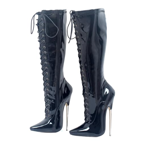 LIUGUISUOCHBH Kniehohe Stiefel mit Reißverschluss und weitem Schaft in Übergröße für Damen und Herren | für Pole Dance, Cosplay, Crossdressing | 18 cm Stilettoabsatz,Schwarz,45 EU von LIUGUISUOCHBH