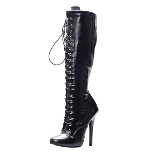 LIUGUISUOCHBH Kniehohe Stiefel mit runder Zehenpartie und weitem Schaft, Reißverschluss für Damen und Herren | für Pole Dance, Cosplay, Crossdressing | 14 cm Stilettoabsatz,Schwarz,37 EU von LIUGUISUOCHBH