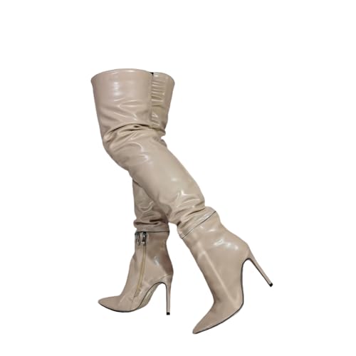 Overknee-Stiefel für Damen. Overknee-Stiefel aus Lackleder mit spitzer Zehenpartie und Stiletto-Absatz. Kniehohe Winterstiefel mit Stilettoabsatz. Stripper-High-Heels,Nude,46 EU von LIUGUISUOCHBH