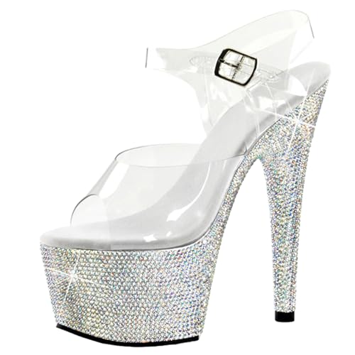 Plateausandalen mit Strasssteinen für Damen. Sandalen mit Stilettoabsatz für Damen auf Hochzeitsfeiern. Stripper-High-Heels-Poledance-Schuhe,Weiß,38 EU von LIUGUISUOCHBH