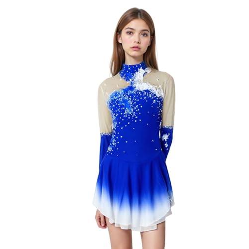 Blaues Eiskunstlauf-Kleid,Langarm-Eislaufen-Rock,Fingerpoint-Ärmel Spandex Wettbewerb Kleider Mesh Rock, Blau, Kids 12-15 von LIUHUO
