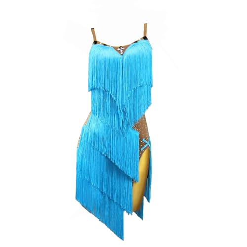 LIUHUO Damen Latin Dance Kleid Quasten Wettbewerb Performance Elegant und Dynamisch Tanzkleidung, Blau, M von LIUHUO