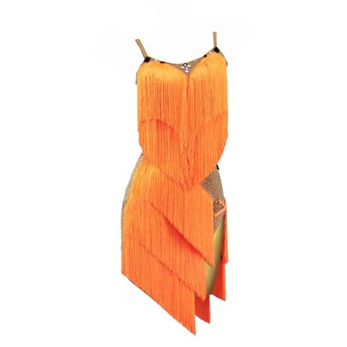 LIUHUO Damen Latin Dance Kleid Quasten Wettbewerb Performance Elegant und Dynamisch Tanzkleidung, Orange/Abendrot im Zickzackmuster (Sunset Chevron), M von LIUHUO