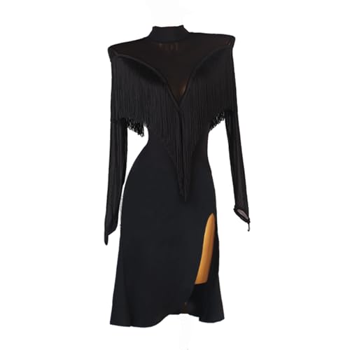 LIUHUO Damen Quaste Latin Dance Kleid Schwarz Langarm Wettkampf Performance Rock, Schwarz, XL von LIUHUO
