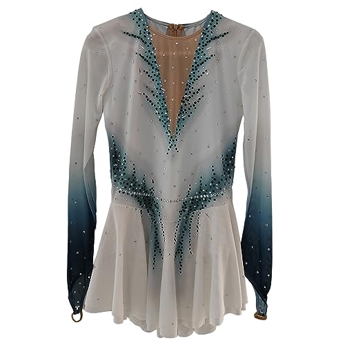 LIUHUO Eiskunstlauf-Kleid Mädchen mit Fingerärmeln Wettbewerb Performance, Weiss/opulenter Garten, XL von LIUHUO