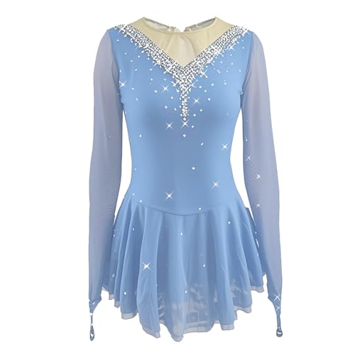 LIUHUO Eiskunstlaufkleid für Mädchen, Stretch-Mesh-Diamant-Hakenärmel, vier Farben, hellblau, M von LIUHUO