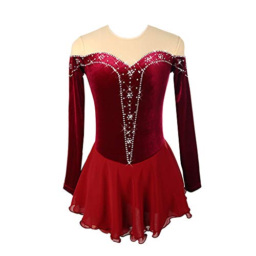 LIUHUO Eiskunstlaufkleid für Mädchen Burgunder Samt Eiskunstlaufrock Langarm Kinder Erwachsene Wettkampf Performance von LIUHUO