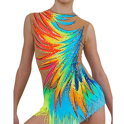 LIUHUO Frauen Tanz Rhythmische Gymnastik Trikot Mädchen Bunte Diamant Quasten Wettbewerb Leistung, Blau, 7-10 Jahre von LIUHUO