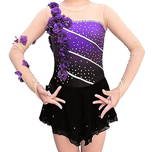 LIUHUO Lila Farbverlauf Eiskunstlaufkleid - für Mädchen für Frauen Langarm Perlen Roller Skating Rock Blume, Violett 1, Groß von LIUHUO