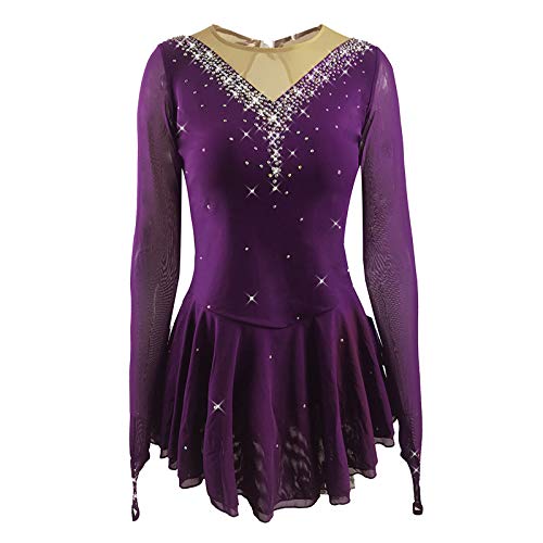 LIUHUO Mädchen Eiskunstlaufkleid Stretch Mesh Diamant Haken Ärmel in Vier Farben, Violett, Groß von LIUHUO