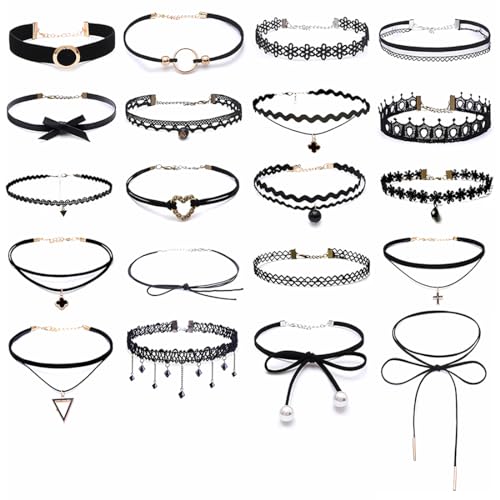 20 Stück Choker Halsketten Set Schwarze Samt-Halsbänder Verstellbare Gothic Tattoo Spitze Choker Ketten Stretch Samt Classic für Frauen Mädchen/Geburtstag/Party/Hochzeit von LIUJZZJ