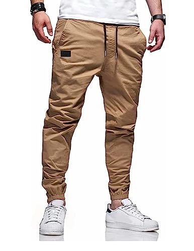 LIUPMWE Herren Hose Chino Cargo Hose Jogginghose Herren Baumwolle Casual Sweatpants Herren Freizeithose Elastische Pants Taille mit Kordelzug Taschen,L,Bronze 01 von LIUPMWE