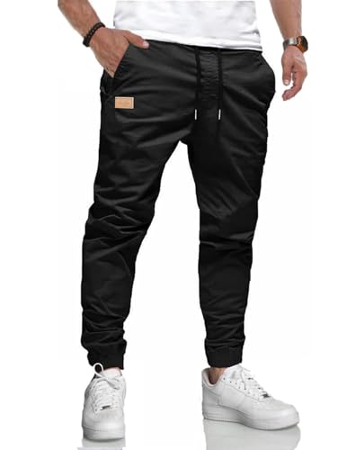 LIUPMWE Herren Hose Chino Cargohose Jogginghose Baumwolle Casual Sporthose Sweatpants Herren mit Taschen Freizeithose Elastische Taille mit Kordelzug,L,Schwarz von LIUPMWE