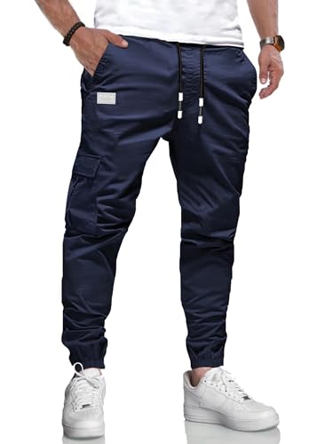 LIUPMWE Herren Hose Chino Cargo Hose Jogginghose Herren Baumwolle Casual Sweatpants Freizeithose Elastische Pants Taille mit Kordelzug Taschen,M,Blau-New von LIUPMWE
