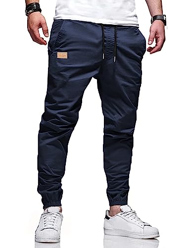 LIUPMWE Herren Hose Chino Cargo Hose Jogginghose Herren Baumwolle Casual Sweatpants Herren Freizeithose Elastische Pants Taille mit Kordelzug Taschen,S,Blau von LIUPMWE