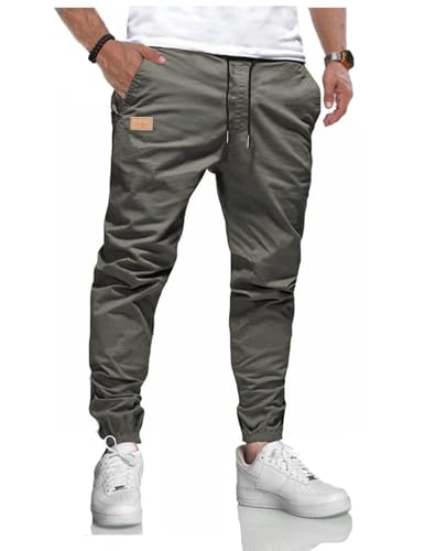LIUPMWE Herren Hose Chino Cargohose Jogginghose Baumwolle Casual Sporthose Sweatpants Herren mit Taschen Freizeithose Elastische Taille mit Kordelzug,XL,Grau von LIUPMWE