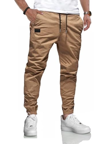 LIUPMWE Herren Hose Chino Cargohose Jogginghose Baumwolle Casual Sporthose Sweatpants Herren mit Taschen Freizeithose Elastische Taille mit Kordelzug,XXL,Bronze 01 von LIUPMWE