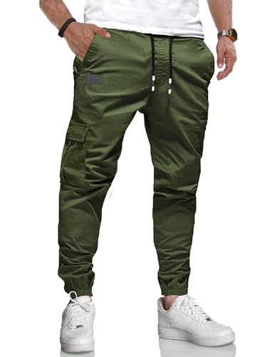 LIUPMWE Herren Hose Chino Cargo Hose Jogginghose Herren Baumwolle Casual Sweatpants Freizeithose Elastische Pants Taille mit Kordelzug Taschen,XXL,Grün-New von LIUPMWE