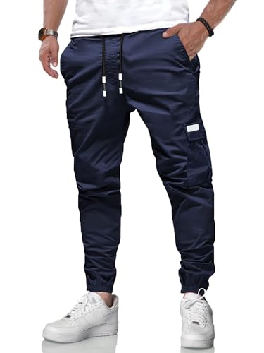 LIUPMWE Herren Hose Chino Cargo Jogginghose Baumwolle Sweathose Lange Atmungsaktiv Sporthose Freizeithose Elastische Pants Taille mit Kordelzug Taschen,Blau-04,XL von LIUPMWE