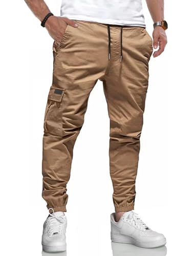 LIUPMWE Herren Hose Chino Cargo Jogginghose Baumwolle Sweathose Lange Atmungsaktiv Sporthose Freizeithose Elastische Pants Taille mit Kordelzug Taschen,Bronze-05,L von LIUPMWE