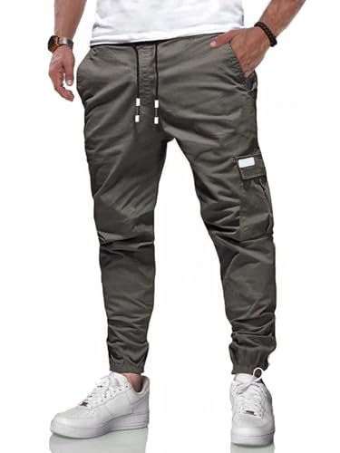 LIUPMWE Herren Hose Chino Cargo Jogginghose Baumwolle Sweathose Lange Atmungsaktiv Sporthose Freizeithose Elastische Pants Taille mit Kordelzug Taschen,Grau-04,L von LIUPMWE