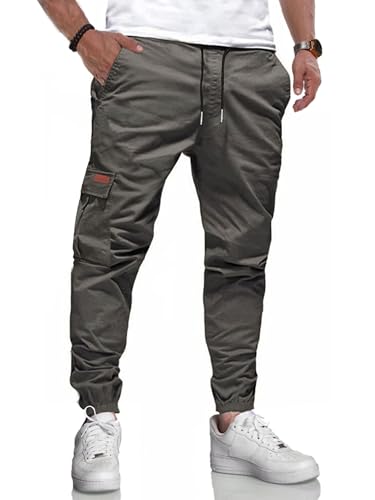 LIUPMWE Herren Hose Chino Cargo Jogginghose Baumwolle Sweathose Lange Atmungsaktiv Sporthose Freizeithose Elastische Pants Taille mit Kordelzug Taschen,Grau-05,XXL von LIUPMWE
